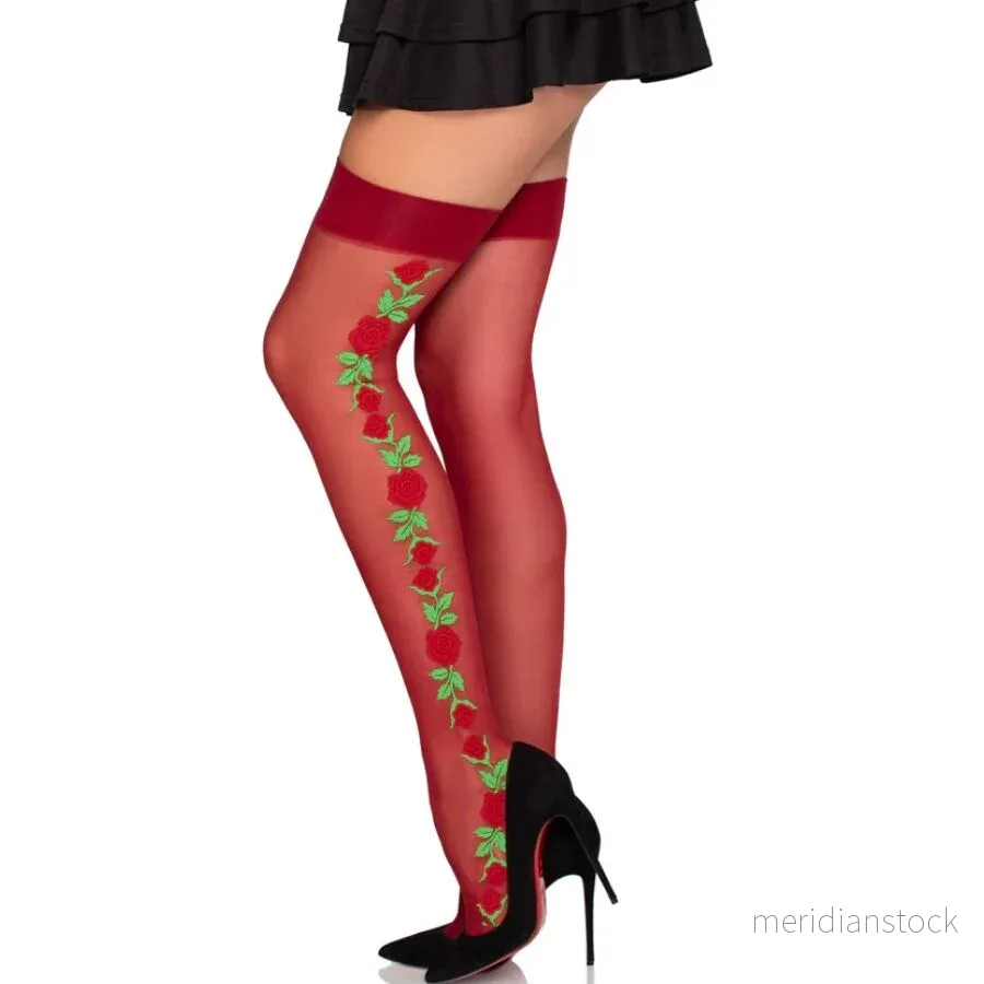 LEG AVENUE - 1957 GARTER BELT STOCKINGS WITH RED FLOWERS - ONE SIZE - Bild 2