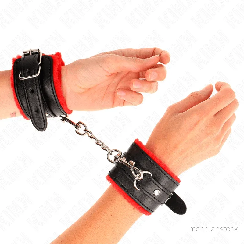 KINK - PREMIUM FUR LINED WRIST RESTRAINTS RED WITH BLACK BELT ADJUSTABLE 17-29 CM X 6 CM - Bild 3