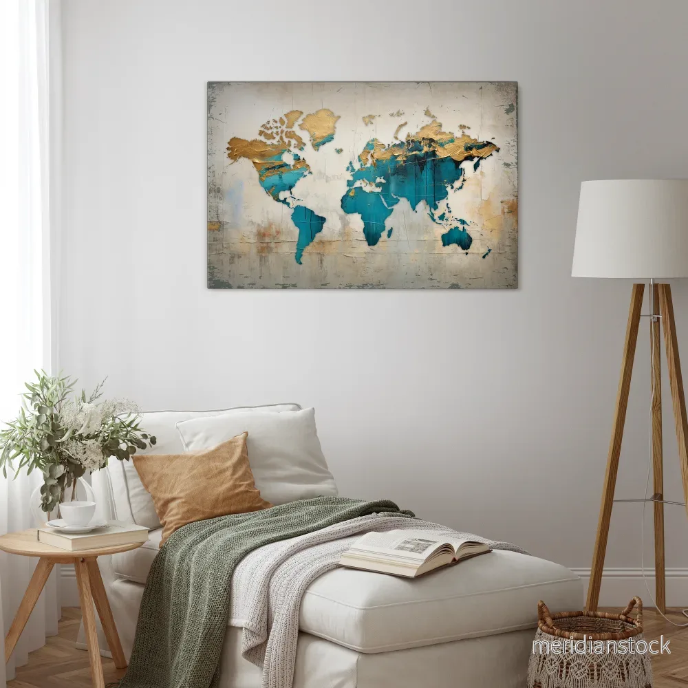 AZURE GILDED MAP Horizontal Canvas Print