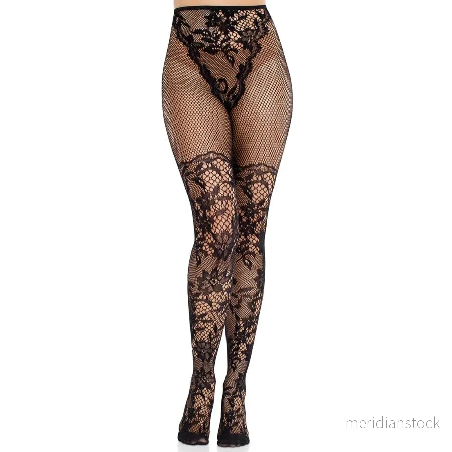 LEG AVENUE - DAHLIA LACE STOCKINGS WITH NET DETAIL BLACK