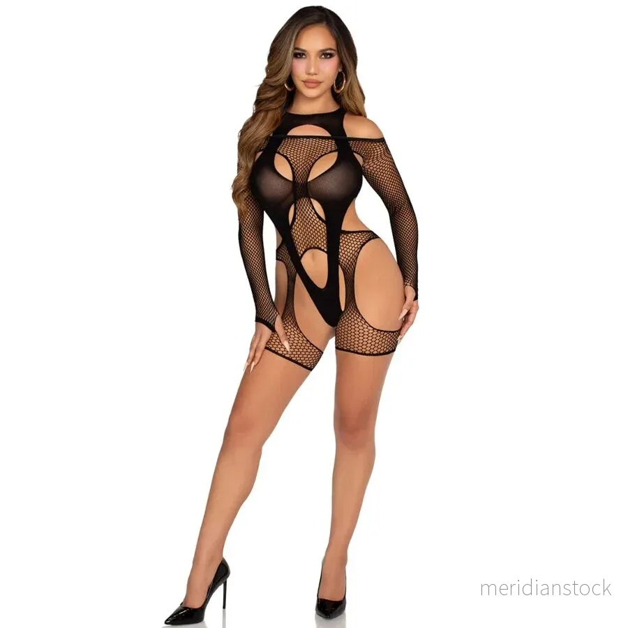 LEG AVENUE - FISHNET BODYSTOCKING WITH GARTER BELT AND HARNESS BLACK - Bild 2