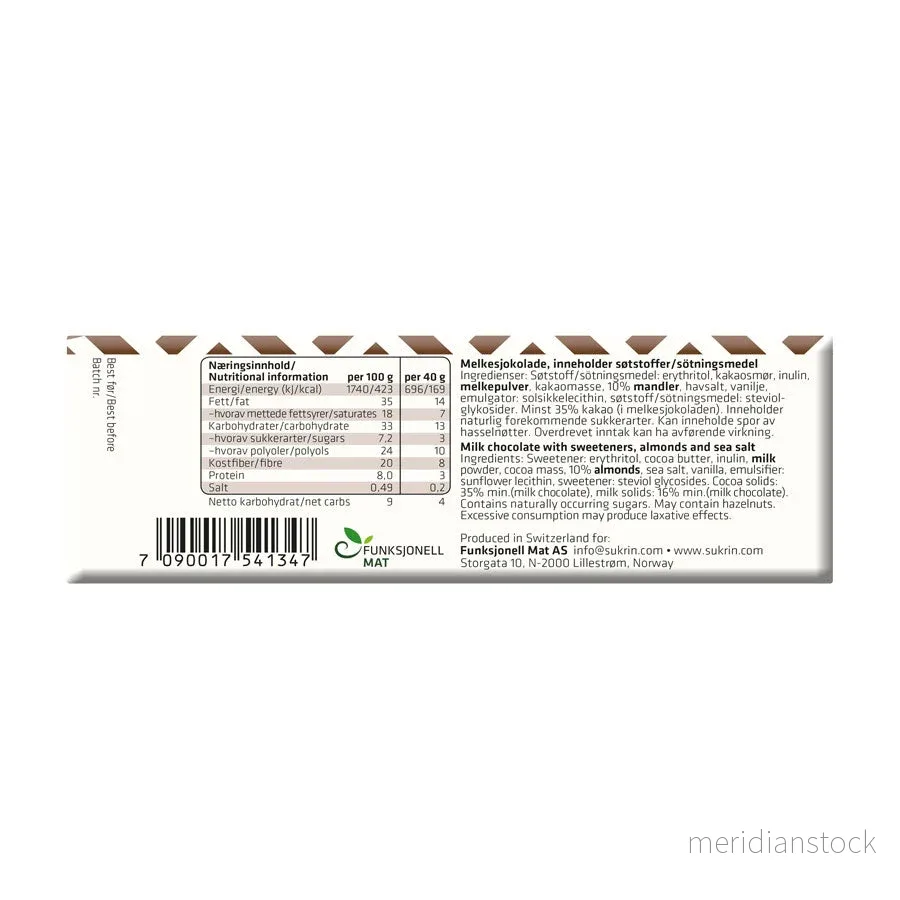 Sockerfri Mjölkchoklad SUKRIN mandel och havssalt 5-pack - Bild 2