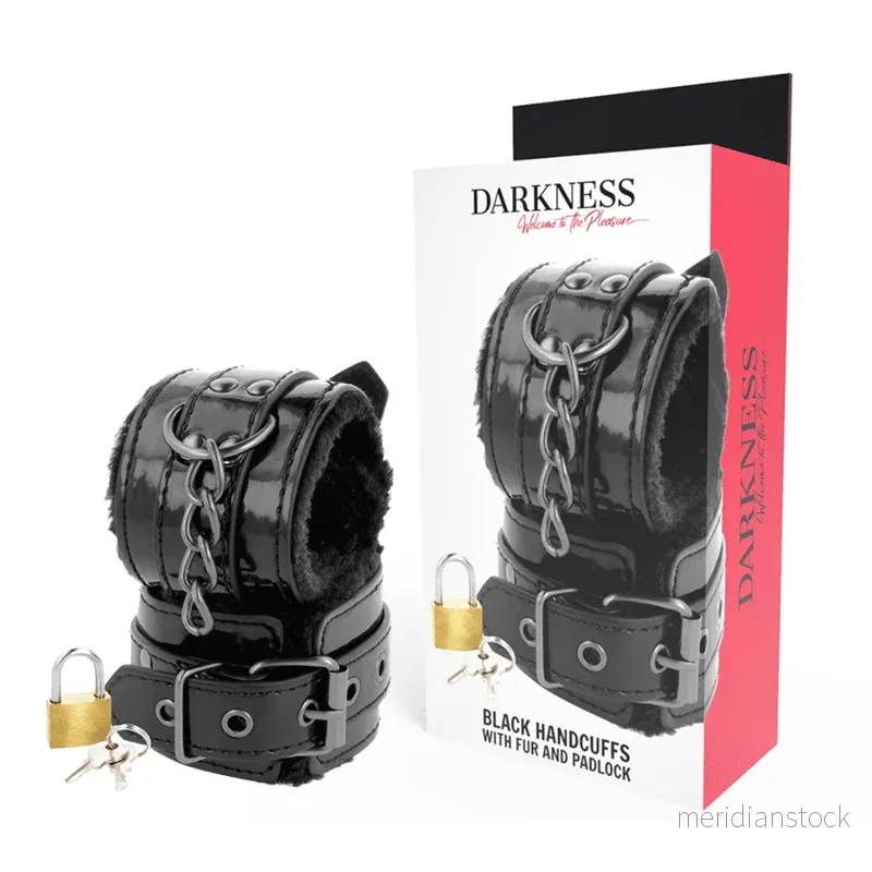 DARKNESS - BLACK ADJUSTABLE LEATHER HANDCUFFS WITH PADLOCK - Bild 2