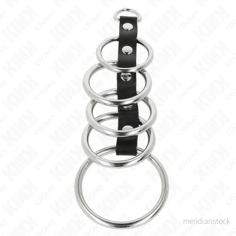 KINK - 5 METAL PENIS RINGS 3.2 CM TO 5 CM CONNECTED BY LEATHER - Bild 3