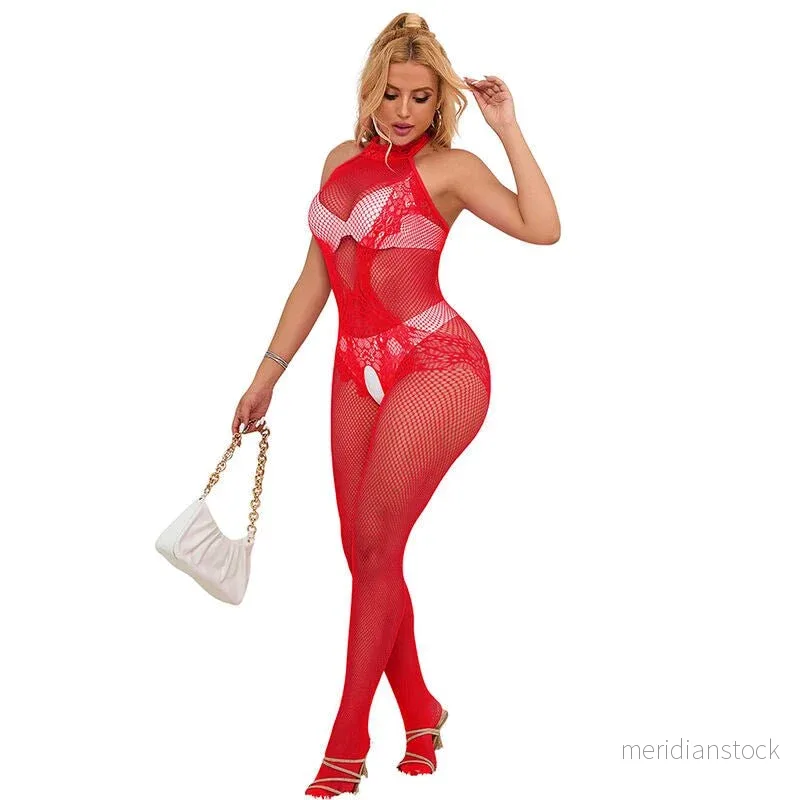 SUBBLIME - 952372 FISHNET AND LACE CROTCHLESS BODYSTOCKING WITH HIGH NECK RED ONE SIZE - Bild 2